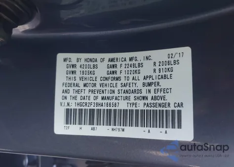 2017 Honda Accord Lx из США, поврежденный, VIN 1HGCR2F39HA166587